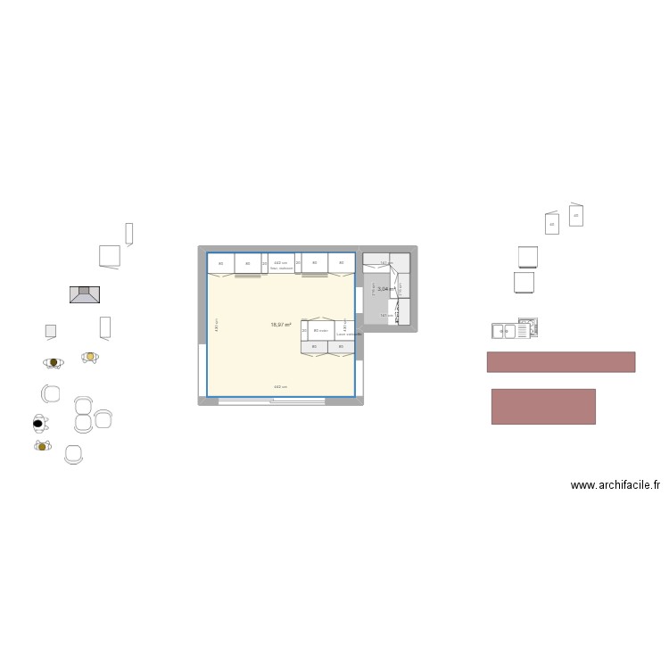 Cuisine. Plan de 2 pièces et 22 m2