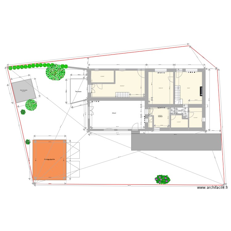 plan terrain avec plantes terrasse garage côtes 27 01 2023. Plan de 10 pièces et 128 m2