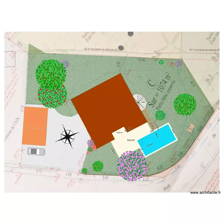 piscine 3 x 5. Plan de 1 Pièce et 34 m²
