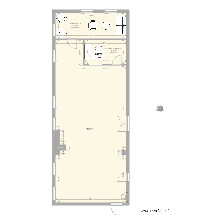 Salle Atelier Proposition N1. Plan de 5 pièces et 106 m2