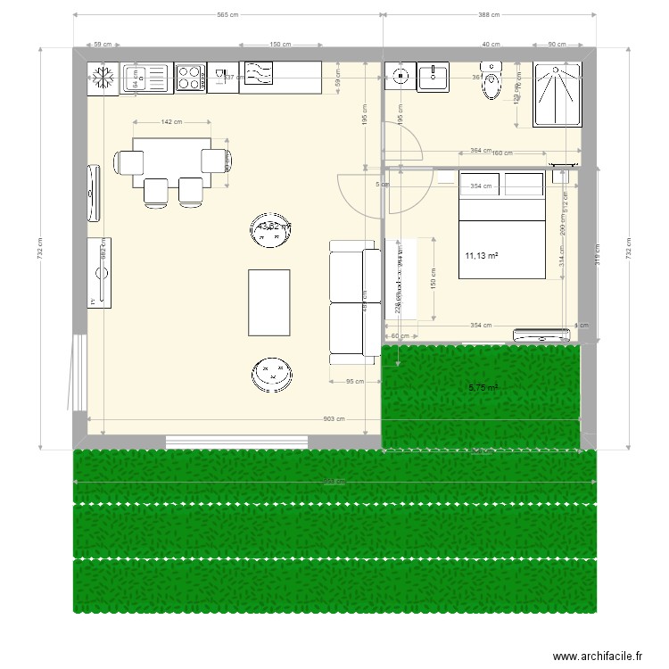 f2 jaune berre . Plan de 3 pièces et 61 m2