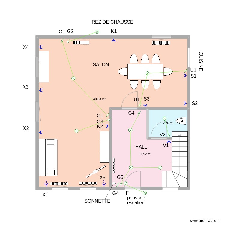 rez de chaussé. Plan de 3 pièces et 55 m2