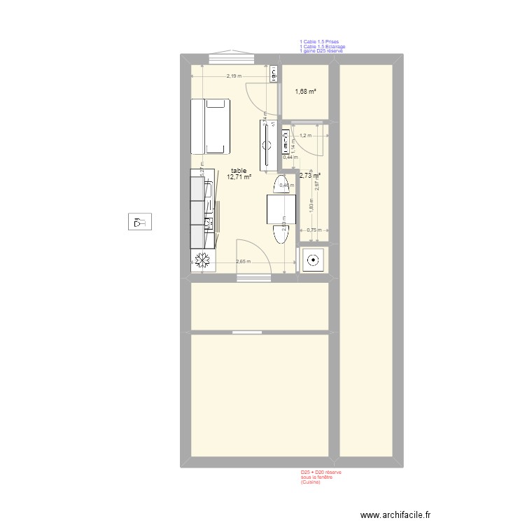 PAM cuisine. Plan de 7 pièces et 46 m2