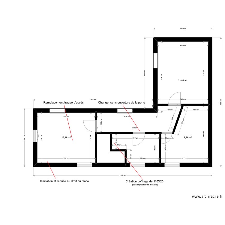 MORAILLON 1er dimensions. Plan de 5 pièces et 53 m2