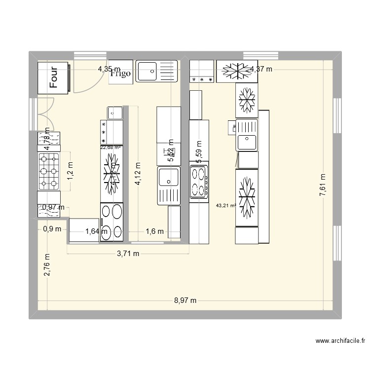 Brasserie. Plan de 2 pièces et 66 m2