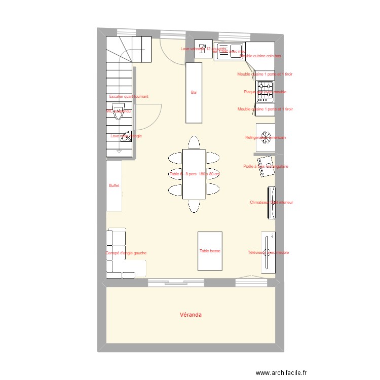 RDC maison. Plan de 2 pièces et 48 m2