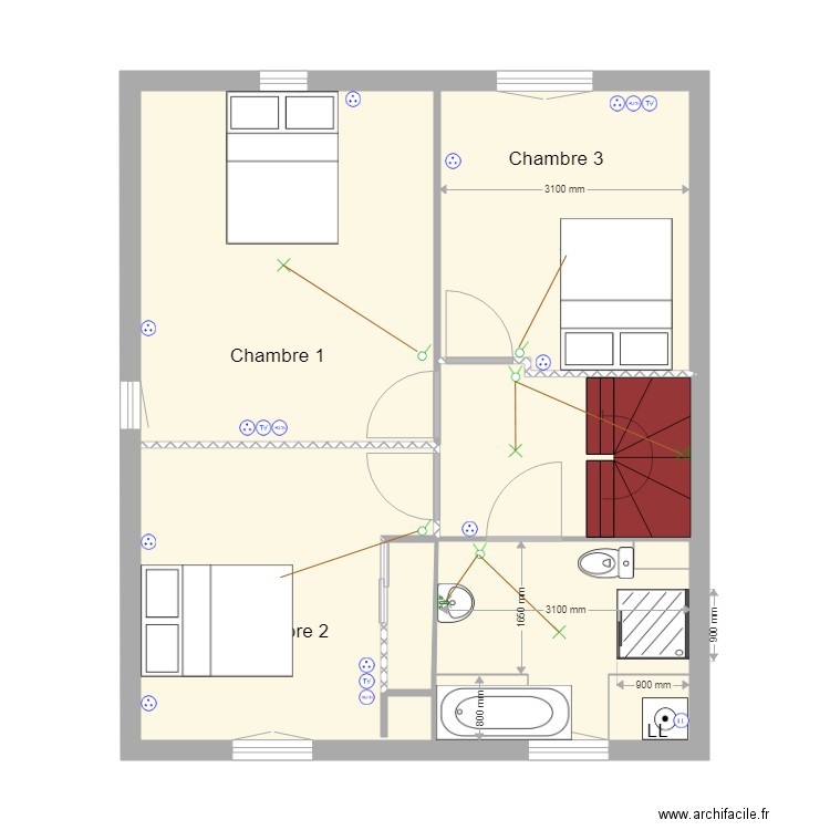 Plan Lot 9 Charlotte R+1 électricité. Plan de 3 pièces et 53 m2