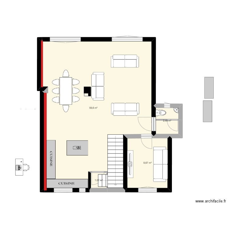 RDC V1. Plan de 4 pièces et 72 m2