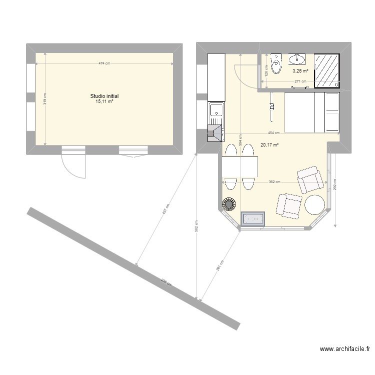 St Jean d'Illac Studio. Plan de 3 pièces et 39 m2