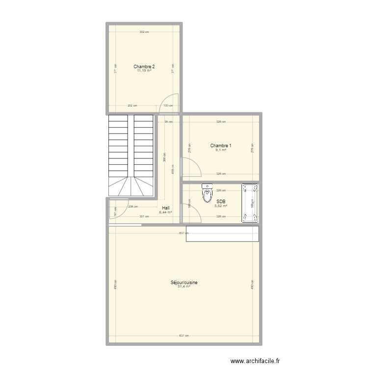 Plan 1er étage Fanfares 34. Plan de 5 pièces et 64 m2