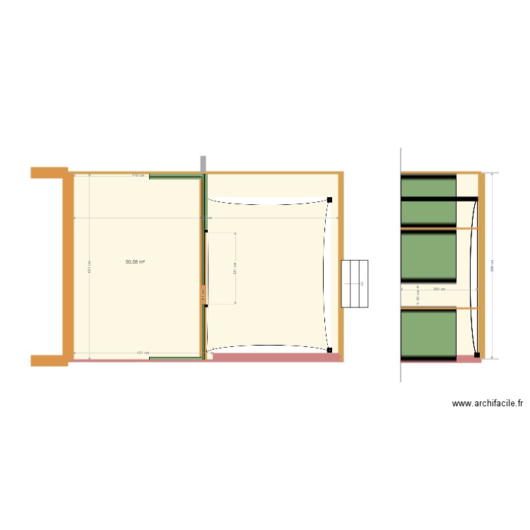 Panneau bois 03. Plan de 2 pièces et 65 m2