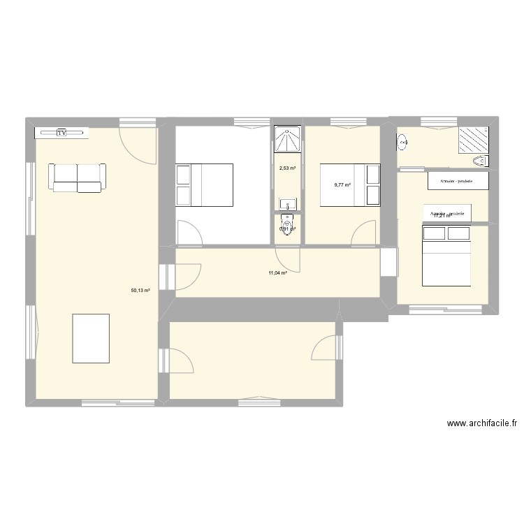 chambres 2/3. Plan de 6 pièces et 92 m2