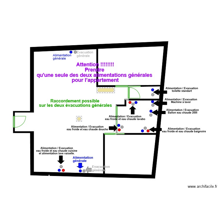 Plomberie. Plan de 7 pièces et 79 m2