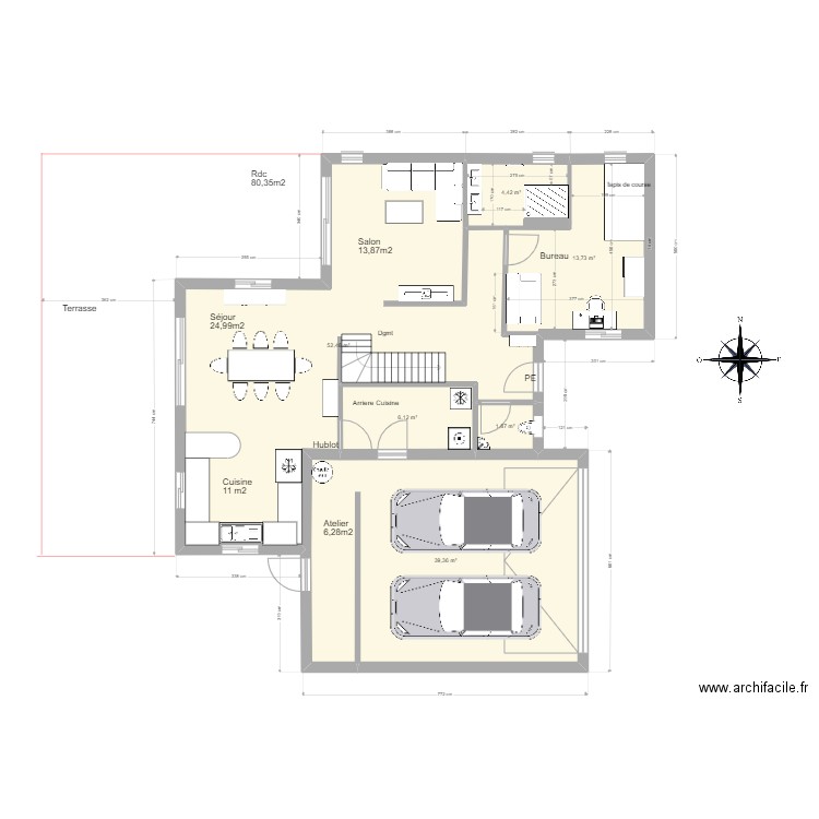 Plan sdb rdc V8. Plan de 13 pièces et 183 m2