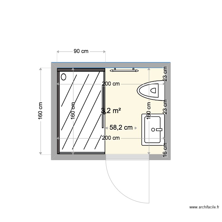 Pantin_SDB_Studio6. Plan de 1 pièce et 3 m2
