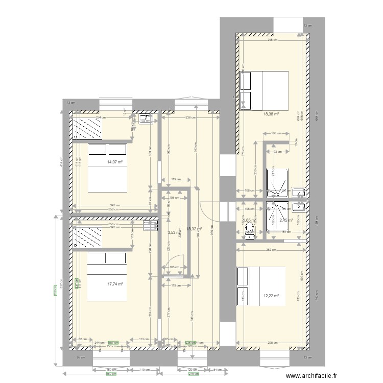 G 1er avec sdb perso. Plan de 15 pièces et 191 m2