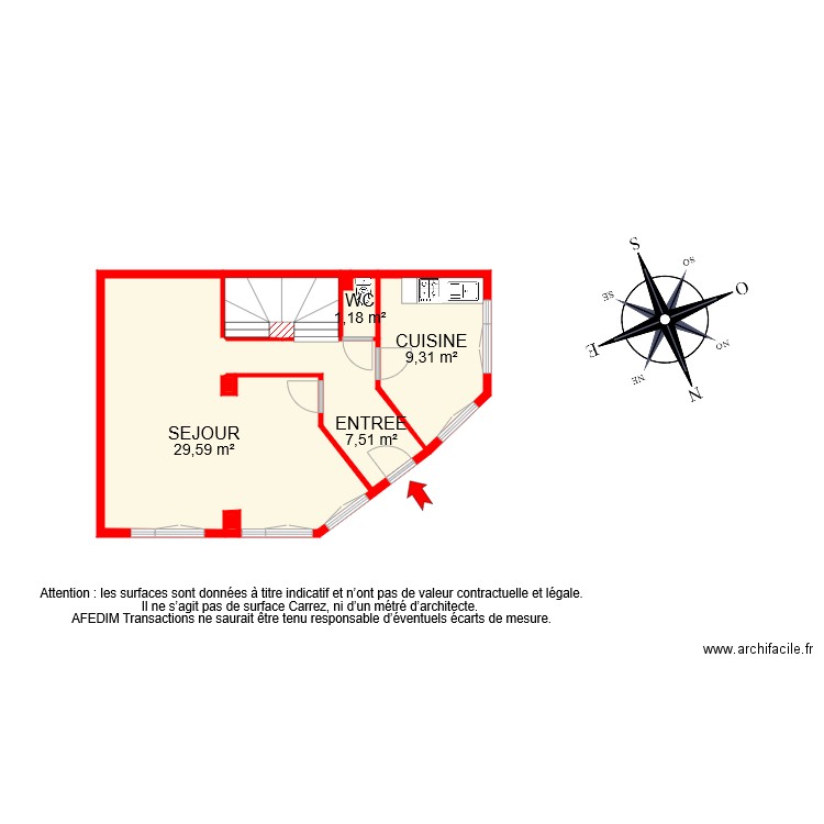 BI 8344 RDC. Plan de 8 pièces et 51 m2