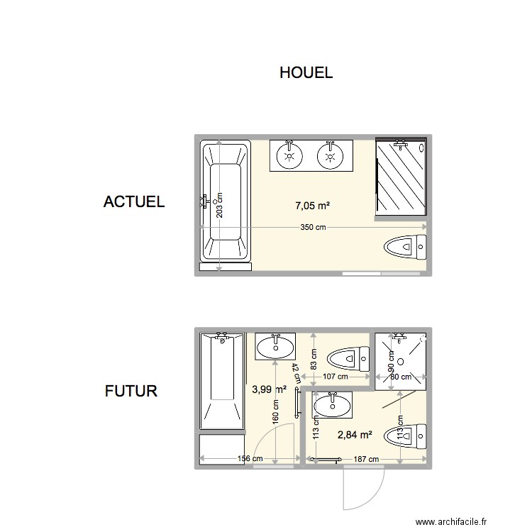 14 BIZET - Salle de bain 2e niveau - V2. Plan de 3 pièces et 14 m2