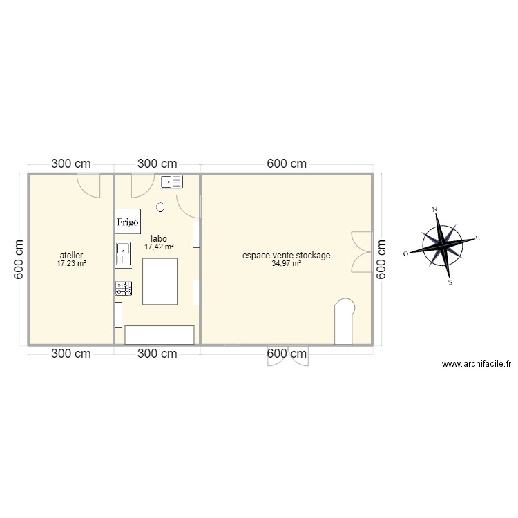 grange. Plan de 3 pièces et 70 m2