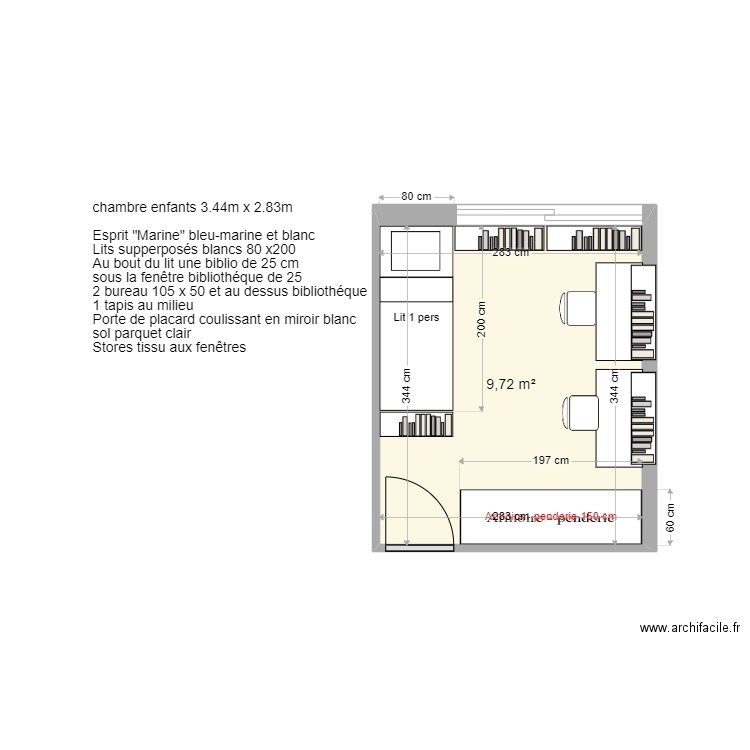 chambre enfants. Plan de 1 pièce et 10 m2