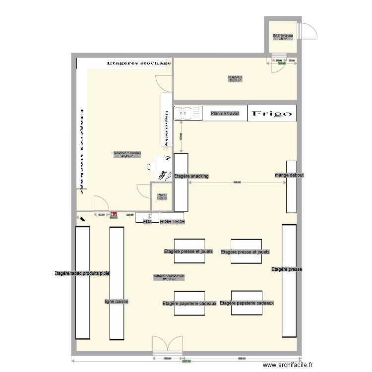 plan local commercial projet sandwicherie. Plan de 5 pièces et 186 m2