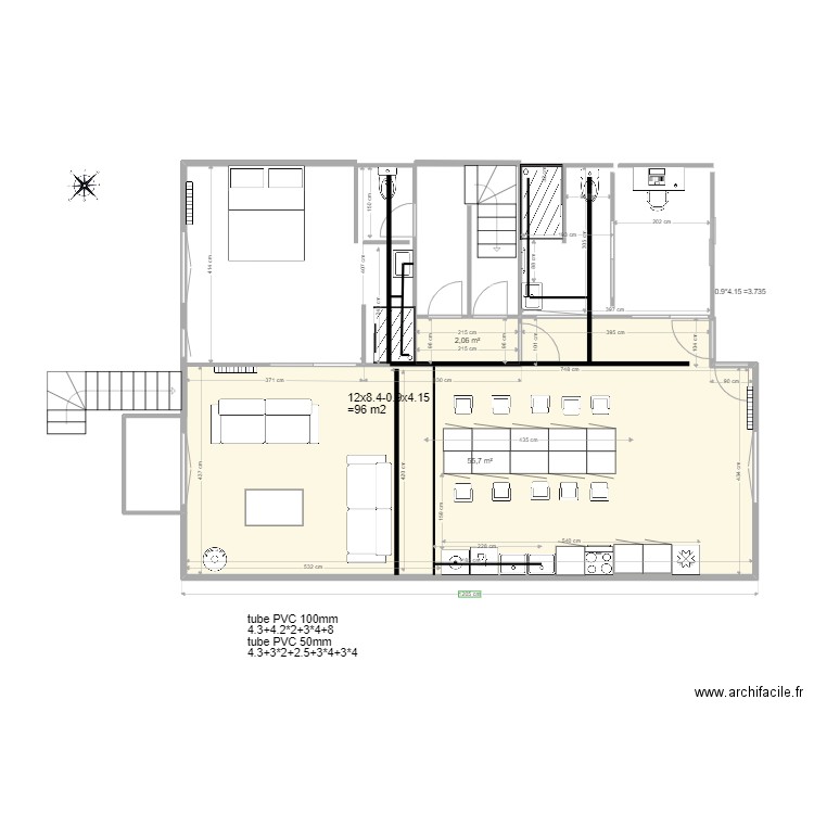 APRES rdc maison Thomery sdd côté buro alim eau. Plan de 2 pièces et 58 m2