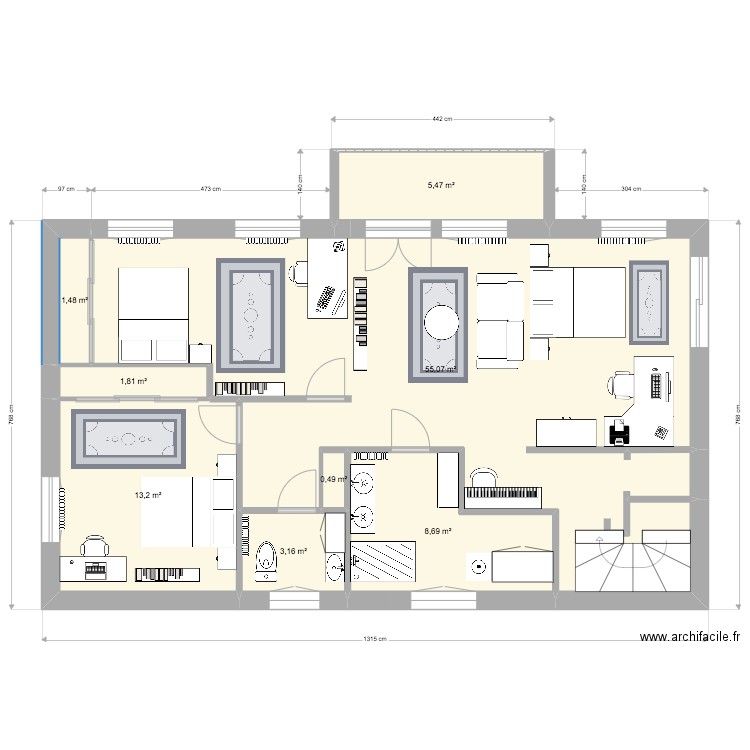 La Scarpe, 1er étage Projet 5. Plan de 8 pièces et 89 m2