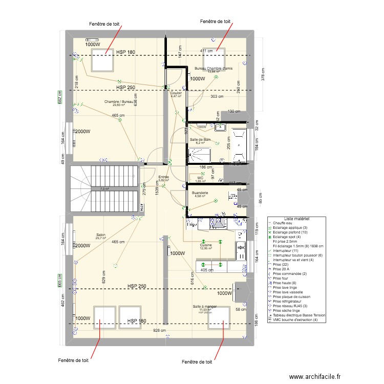 PLAN D'ARCHITECTURE CLOISONS. Plan de 11 pièces et 128 m2