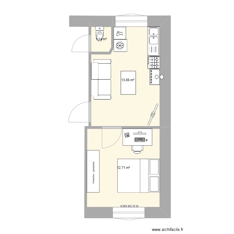 sous sol. Plan de 3 pièces et 28 m2