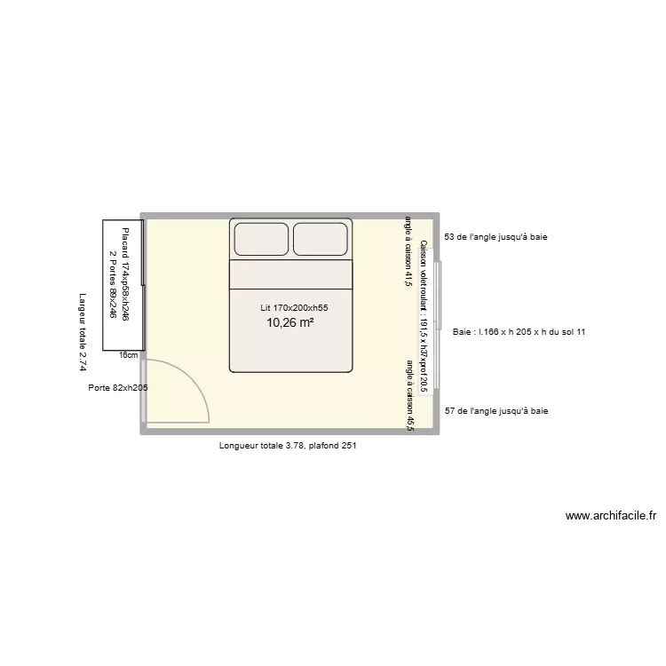 Chambre B avec mobilier. Plan de 1  et 10 m²