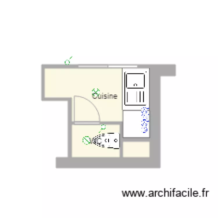 WC et Cuisine meublés. Plan de WC et Cuisine meublés. Plan de
