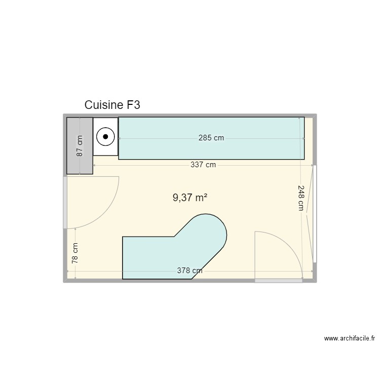 CUISINE F3 meublée V2. Plan de 1 pièce et 9 m2