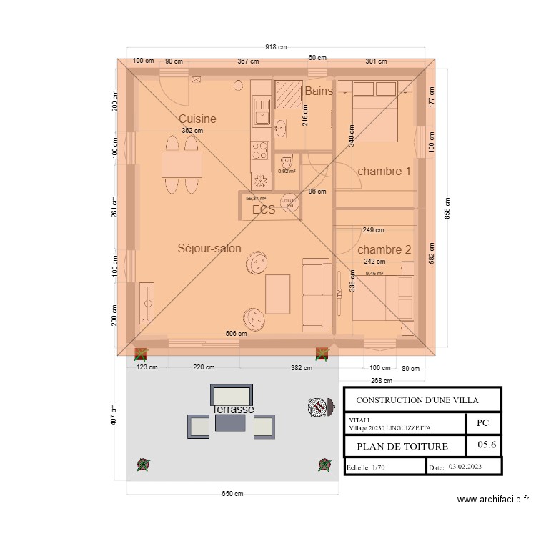 plan de toiture FEVRIER. Plan de 4 pièces et 90 m2