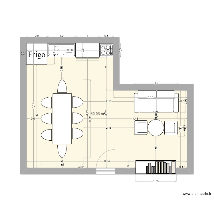 salon + salle à manger + cuisine. Plan de 1 pièce et 30 m2