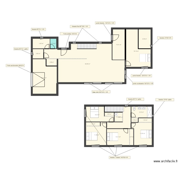 plan huisserie. Plan de 21 pièces et 206 m2