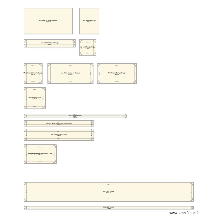 Surface murs garage et piscine. Plan de 14 pièces et 170 m2