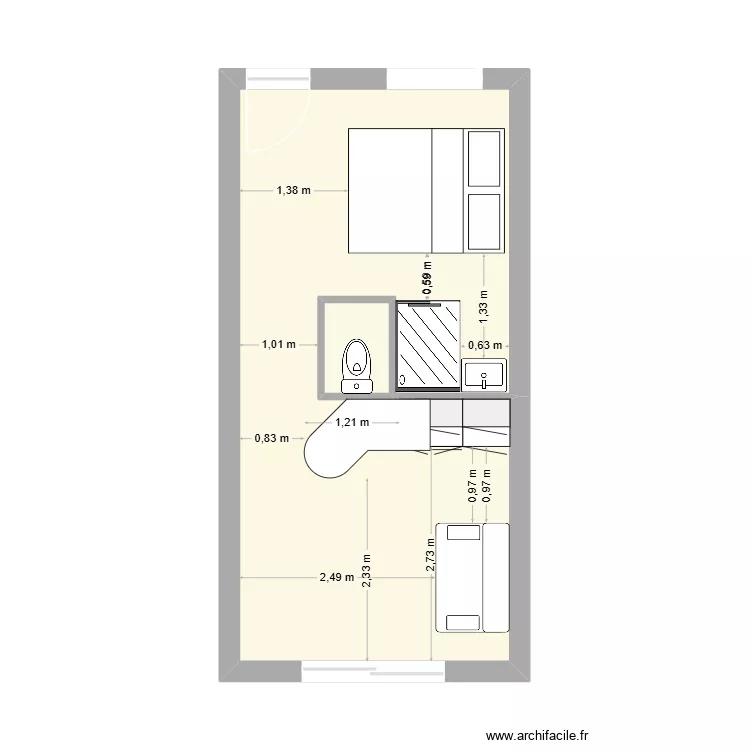 studio. Plan de 2  et 25 m²