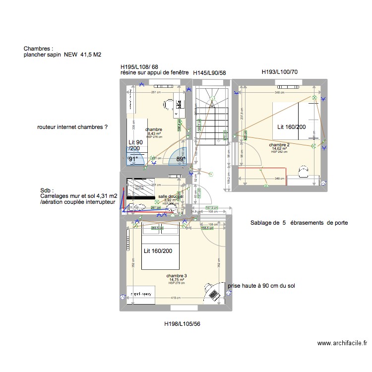 1° etage. Plan de 4 pièces et 42 m2