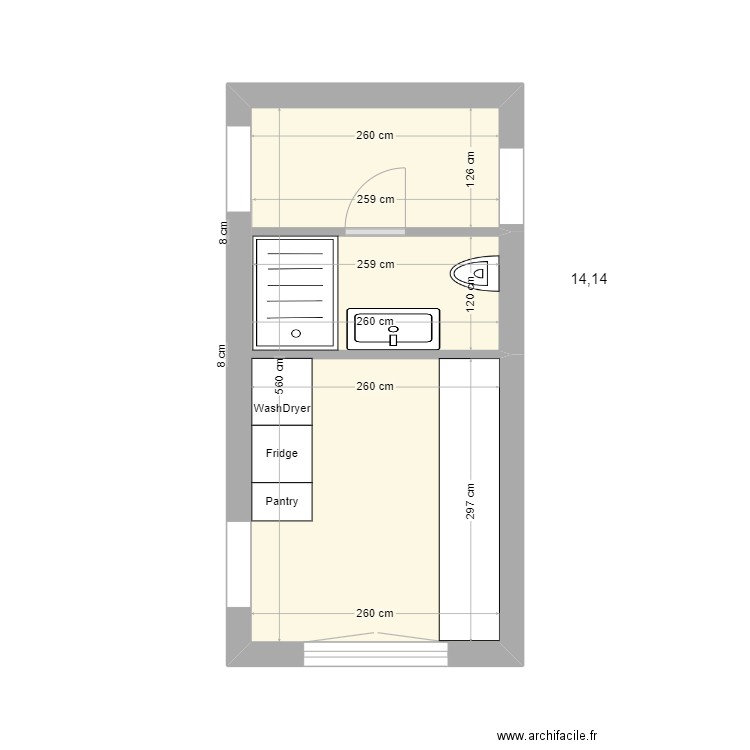 Pynes Entrée cuisine V2. Plan de 1 pièce et 14 m2