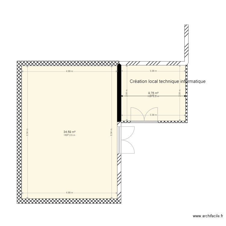 Création local technique informatique. Plan de 2 pièces et 44 m2