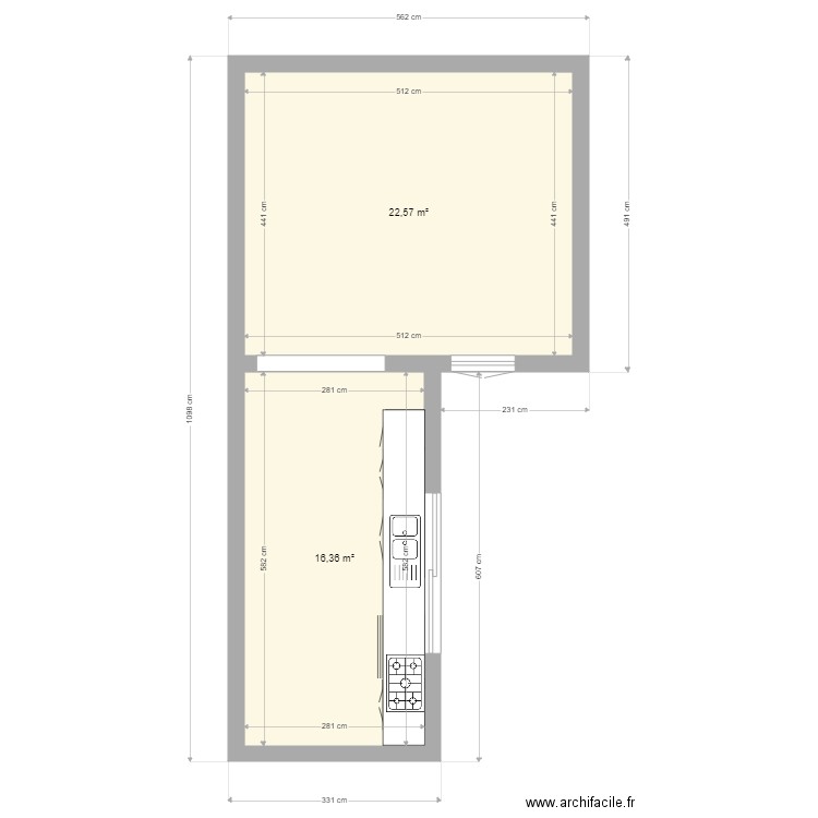 boussieres. Plan de 2 pièces et 39 m2