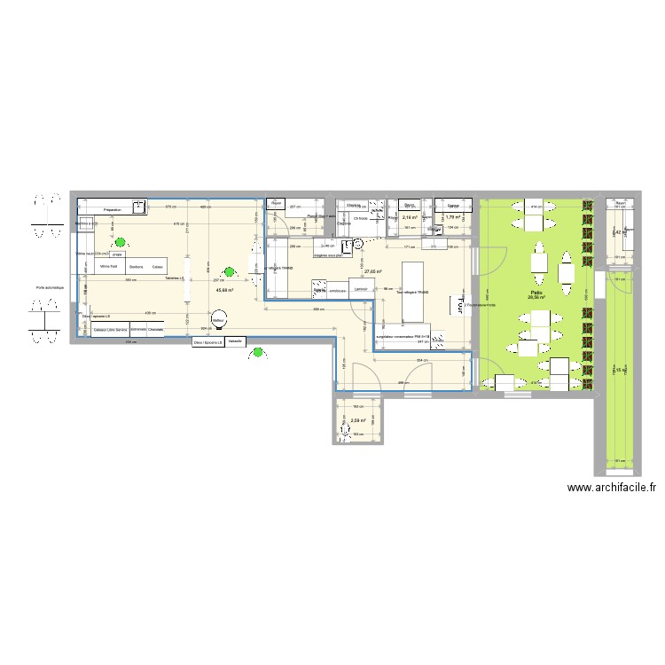 Patisserie - salon de thé avant. Plan de 8 pièces et 118 m2