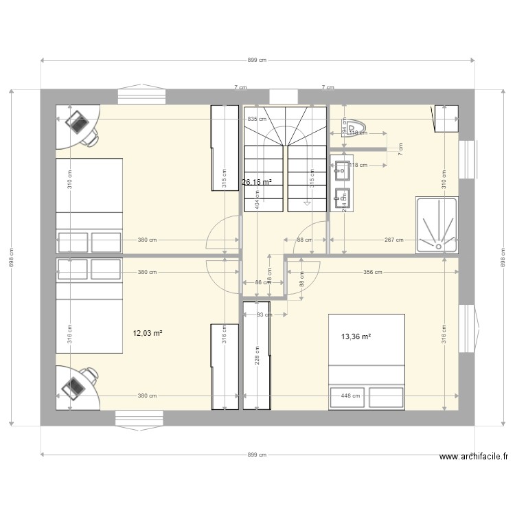 etage v x. Plan de 3 pièces et 52 m2