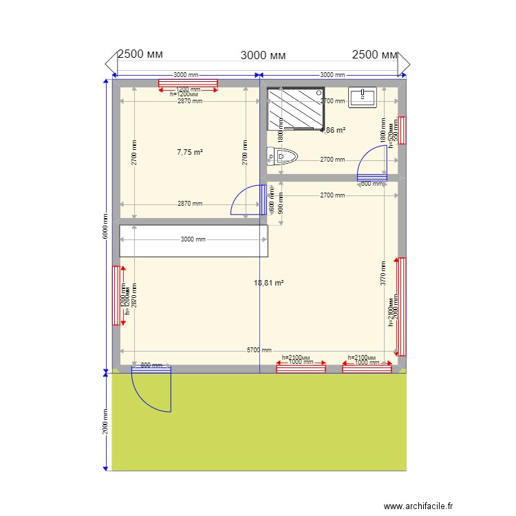 2ка барн двускатка. Plan de 4 pièces et 42 m2