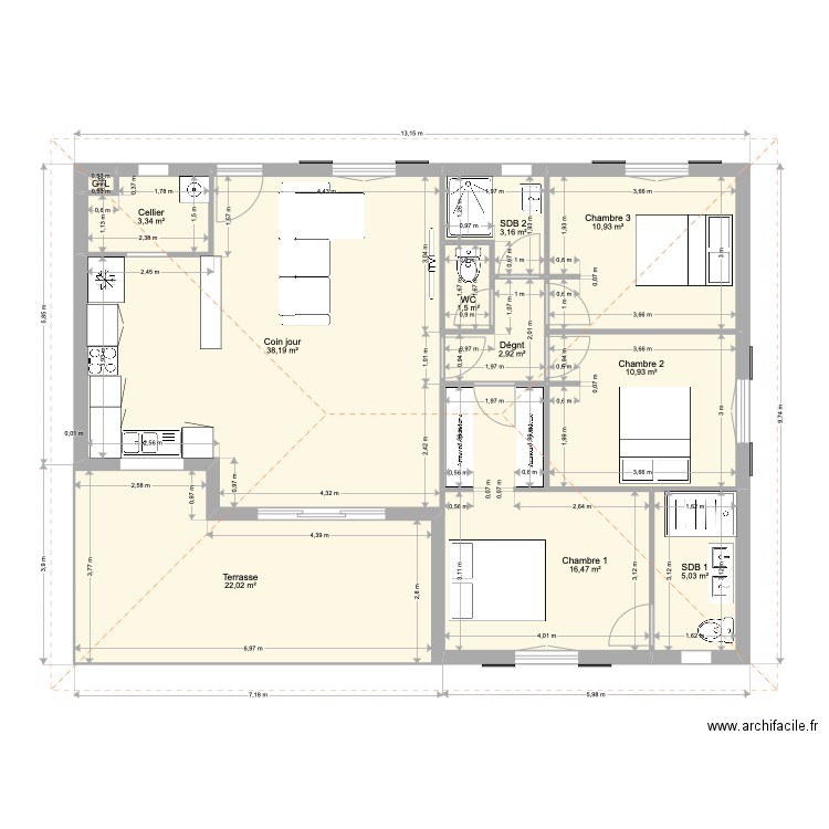 Villa F4. Plan de 11 pièces et 115 m2