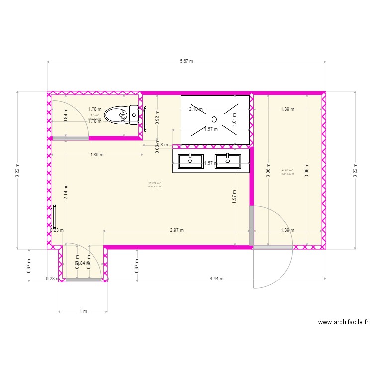 salle de bains version 5. Plan de 3 pièces et 17 m2