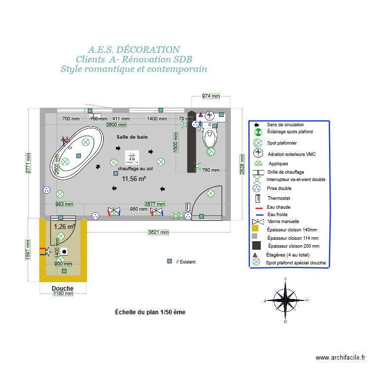 plan salle de bain  des maîtres ,base. Plan de 2 pièces et 13 m2