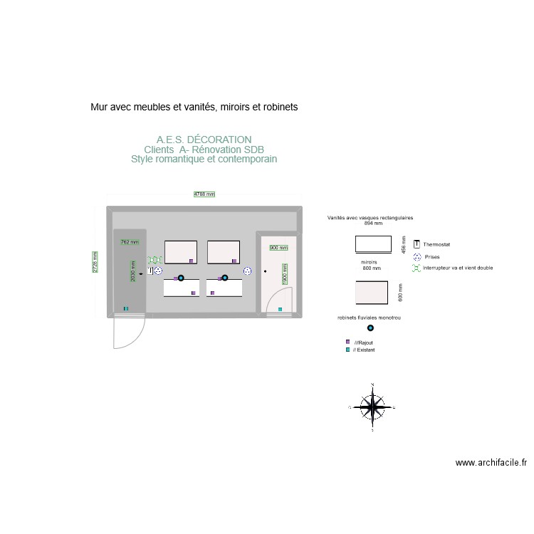 mur vanités 2. Plan de 3 pièces et 13 m2