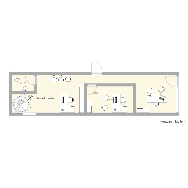 amenagement agence 3 VH dédié location. Plan de 3 pièces et 51 m2