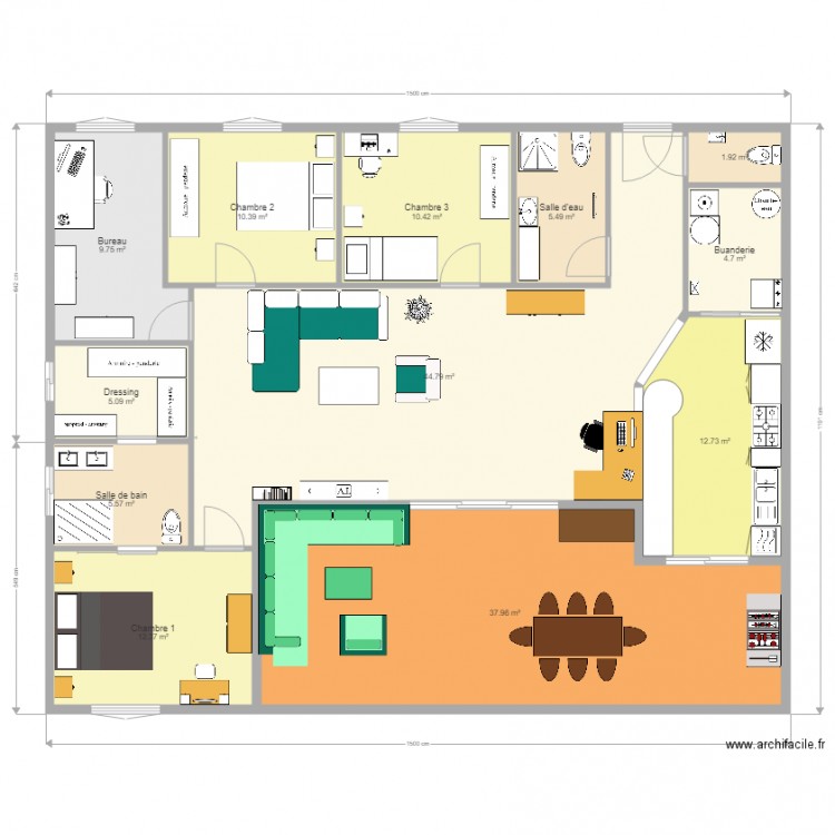 Plan maison plain pied 169m F5 projet 1. Plan de 0 pièce et 0 m2